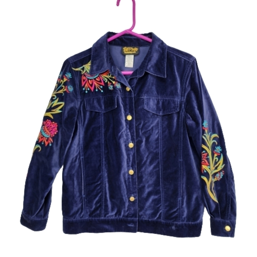 Vintage Bob Mackie Wearable Art Blue Velvet Button Down Embroidered Jacket SizeS